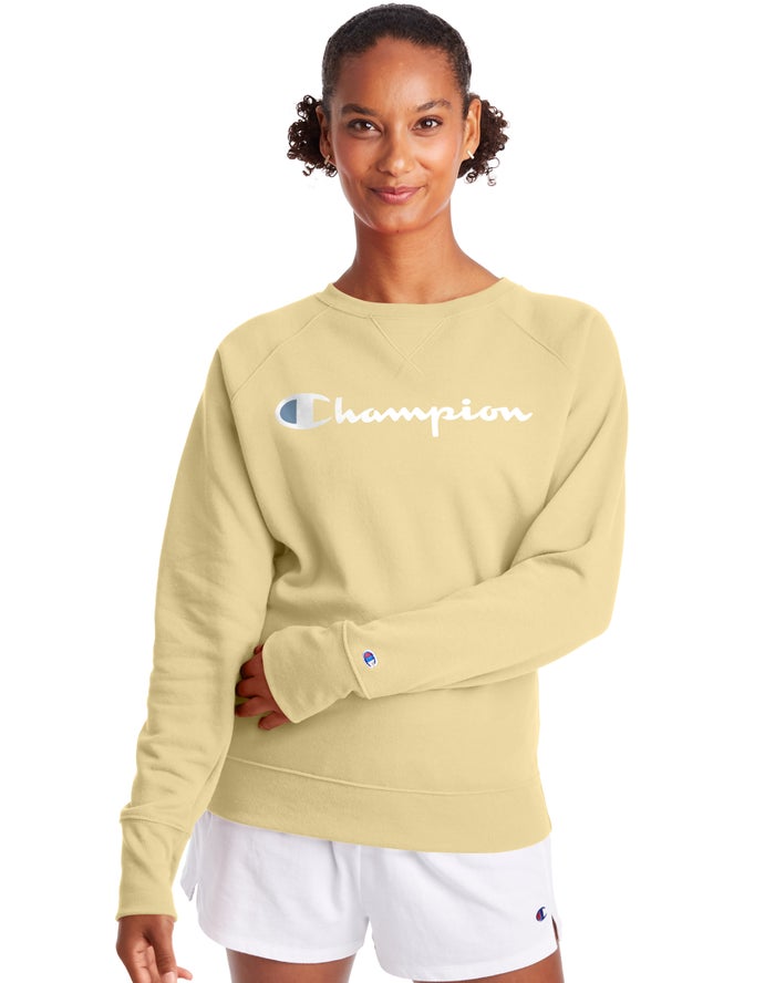 Champion Womens Sweatshirt NZ - Powerblend Fleece Classic Crew Script Logo Yellow ( 7418-DOJLA )